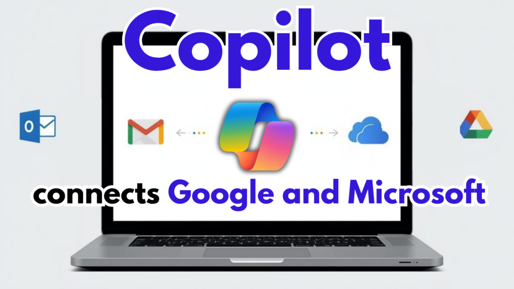 Laptop with &ldquo;Copilot&rdquo; bridging Gmail/Google Calendar and Outlook/OneDrive, plus a small lock labeled &ldquo;Permissions.&rdquo;. Image text: Copilot Connects Google + Microsoft