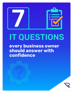 Square graphic with a purple-to-blue gradient background. Top shows a large white &ldquo;7&rdquo; next to a clipboard checklist icon with a yellow checkmark. Text reads &ldquo;IT QUESTIONS&rdquo; and &ldquo;every business owner should answer with confidence.&rdquo; A faint gear-and-question-mark graphic sits behind the text, and the Reintivity &ldquo;R&rdquo; logo appears in a white diagonal corner at bottom right.