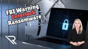 Closed bank safe. Laptop with a lock icon displaying on the screen. Female spokesperson in foreground. Image text FBI Warning Interlock Ransomware