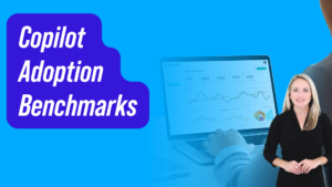 A clean, modern dashboard-style graphic on a laptop screen showing anonymized Copilot usage metrics (app icons, trend lines, benchmark bars), with a manager reviewing it in a bright office setting. Image text: Copilot Adoption Benchmarks