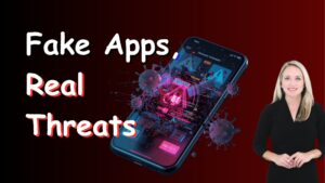 Smartphone infected by malware. Spokeswoman in foreground. Image text: Fake Apps, Real Threats