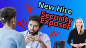 Male and female employees in conversation. Spokesperson in foreground. Image text: New hire security exposure.