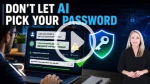 Business user views a laptop warning not to let AI pick passwords, with a password manager, shield, key, and security checkmark shown as the safer option.