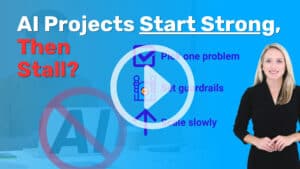 Blue banner graphic with headline &ldquo;AI Projects Start Strong, Then Stall?&rdquo; and a three-step checklist: &ldquo;Pick one problem,&rdquo; &ldquo;Set guardrails,&rdquo; and &ldquo;Scale slowly,&rdquo; each with an icon (checkmark box, guardrails, upward arrow). A smiling businesswoman stands on the right. Reintivity logo appears bottom left with a faint crossed-out &ldquo;AI&rdquo; symbol in the background. Play button icon in the middle of image.