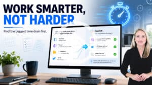 A desktop monitor displays everyday productivity apps flowing into an AI assistant that summarizes meetings, drafts emails, and creates task lists. A large headline reads "Work Smarter, Not Harder" with a glowing stopwatch above, illustrating how AI enhances existing workflows and helps teams save time without replacing the tools they already use.