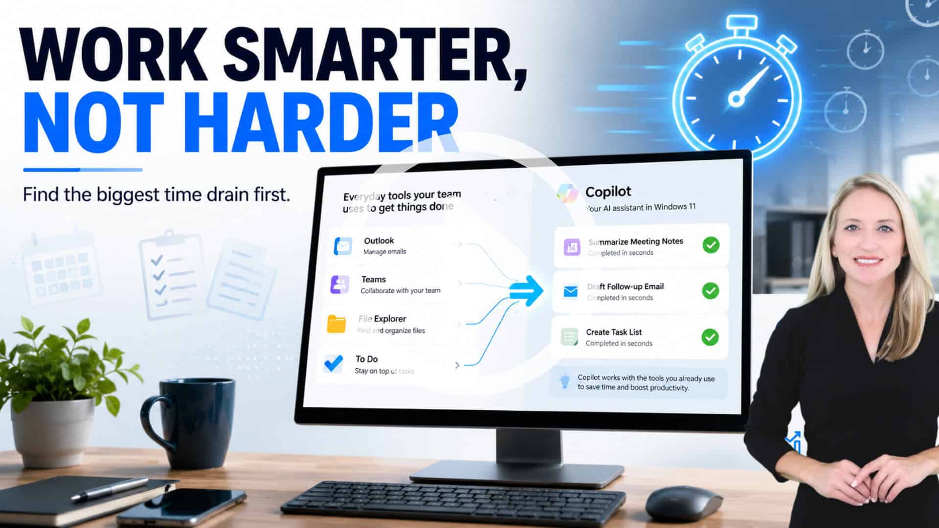 A desktop monitor displays everyday productivity apps flowing into an AI assistant that summarizes meetings, drafts emails, and creates task lists. A large headline reads "Work Smarter, Not Harder" with a glowing stopwatch above, illustrating how AI enhances existing workflows and helps teams save time without replacing the tools they already use.