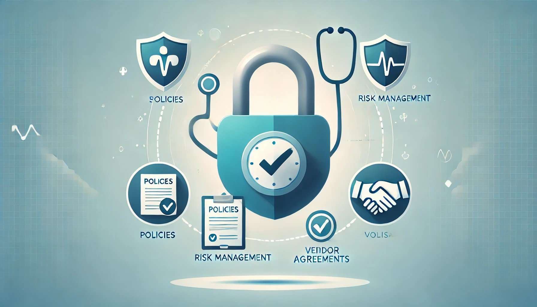 A flat design illustration featuring a large lock icon at the center to symbolize security, with a stethoscope wrapped around it to represent healthcare