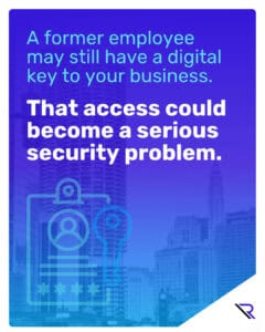 Graphic with a blue-to-purple gradient background and illustrations of a vintage desktop computer and rotary phone. Text reads: &ldquo;Your technology may have been a perfect fit five years ago. Does it still fit the business you run today?&rdquo;