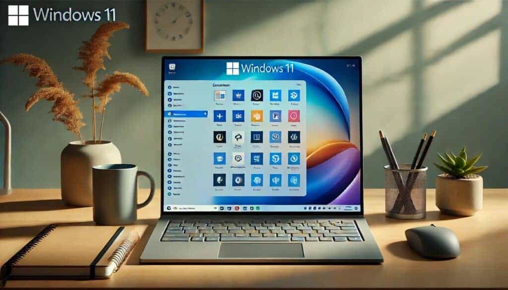 A modern laptop screen displaying the Windows 11 desktop with essential apps open, including a web browser, email client, task manager, and a calendar copy