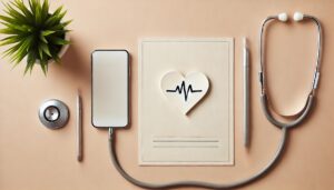 A stethoscope, a smartphone, and a paper heart cutout arranged on a solid color background, symbolizing the intersection of healthcare, technology, and care