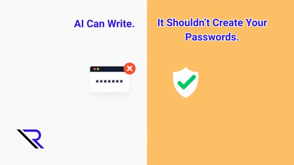 Split-screen graphic with the headline &ldquo;AI Can Write. It Shouldn&rsquo;t Create Your Passwords.&rdquo; The left side shows a password field with a red X, warning against AI-generated passwords. The right side shows a shield with a green check, representing safer password generation through a trusted password manager. Reintivity branding appears in the lower-left corner.