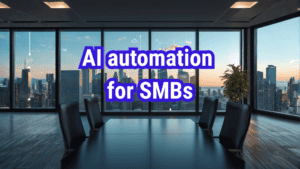 Modern conference room with large windows overlooking the Chicago skyline, with subtle cloud and network line icons over the city and bold text reading &ldquo;AI automation for SMBs&rdquo; centered on the image.