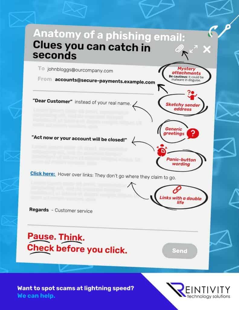 Infographic: describing the anatomy of phishing Emails with tips on how to spot them.