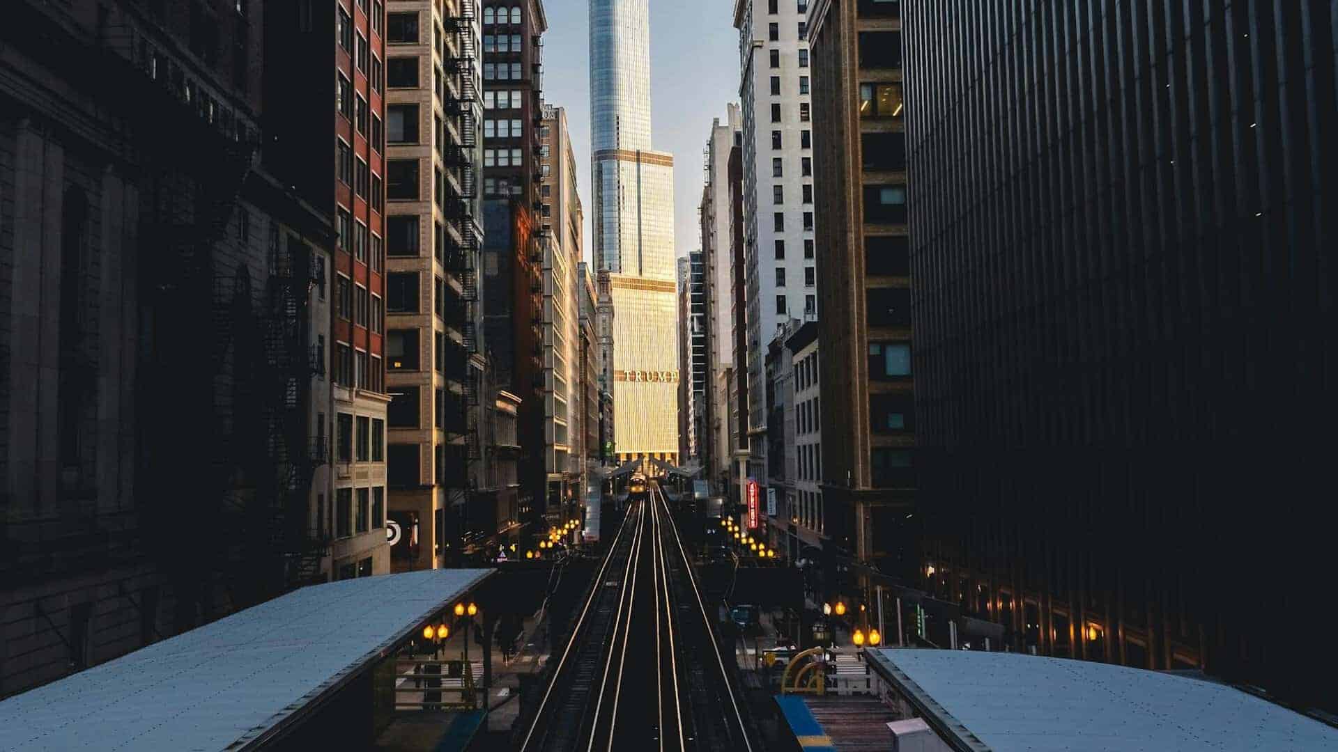 Chicago Cityscape with Train Tracks at Dusk