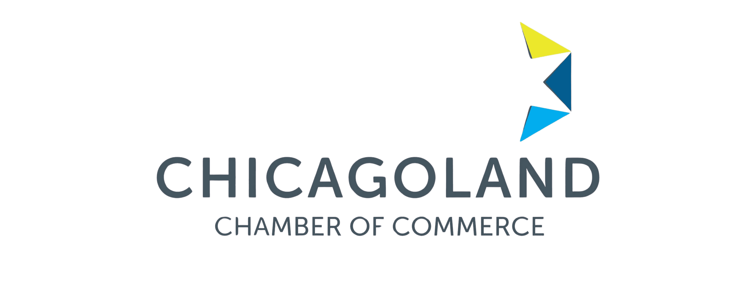 Chicagoland Chamber of Commerce logo on a transparent background. Gray &ldquo;CHICAGOLAND&rdquo; wordmark with smaller &ldquo;CHAMBER OF COMMERCE&rdquo; beneath it, plus a three-piece geometric icon at the upper right in yellow, dark blue, and light blue.