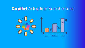 Flat, light dashboard image showing Copilot adoption (active users, top apps, usage trend) with subtle M365 app icons, a privacy shield/check, and a &ldquo;Benchmark vs Peers&rdquo; badge. Image text: Copilot Adoption Benchmarks