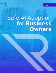 Safe AI Adoption for Business Owners Guide Guide cover titled “Safe AI Adoption for Business Owners,” featuring a blue gradient city skyline background, a large translucent white Reintivity “R” logo, and a purple “AI” label in the top-right corner.