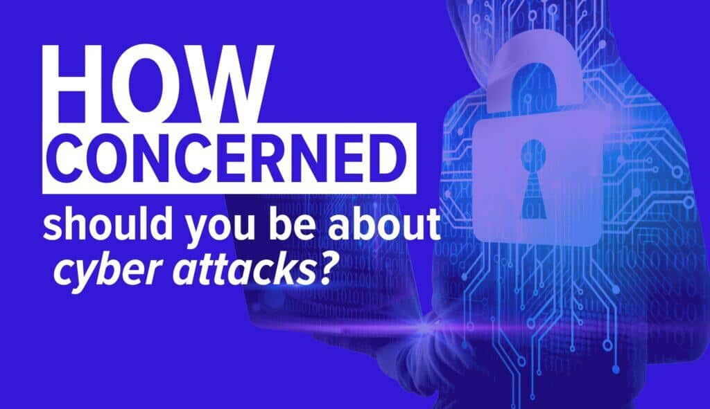 Silhouette of person holding laptop in background with Lock icon overlaying it. Image Text: Should You Be Worried About Cyber Attacks?
