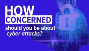 Silhouette of person holding laptop in background with Lock icon overlaying it. Image Text: Should You Be Worried About Cyber Attacks?