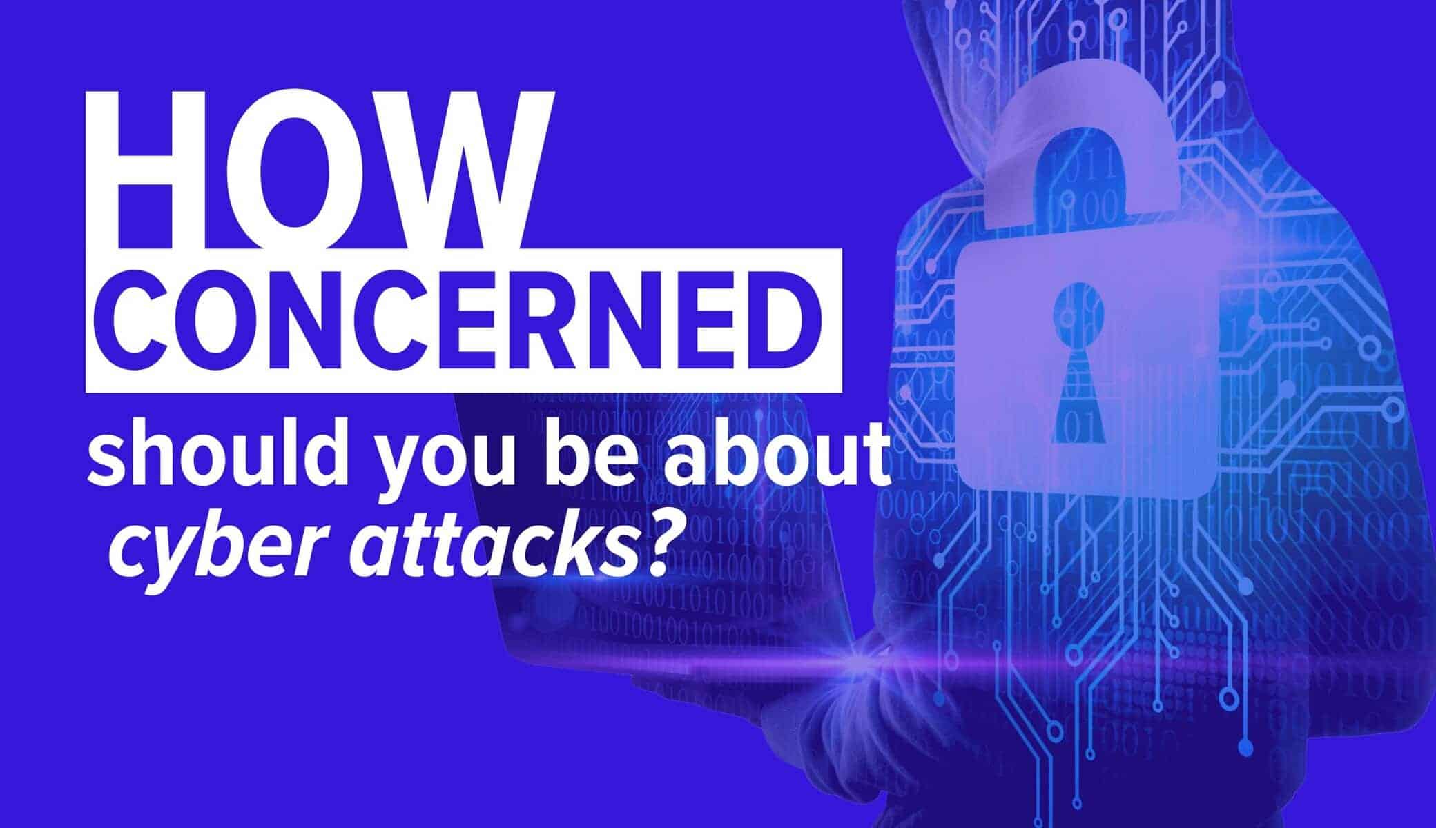 Silhouette of person holding laptop in background with Lock icon overlaying it. Image Text: Should You Be Worried About Cyber Attacks?