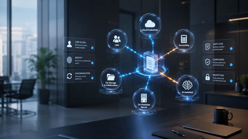 Holographic data map in a modern office showing cloud apps, CRM, accounting, file storage, an on-premises server, and AI connected to a central data hub, with access, audit, compliance, and encryption indicators.