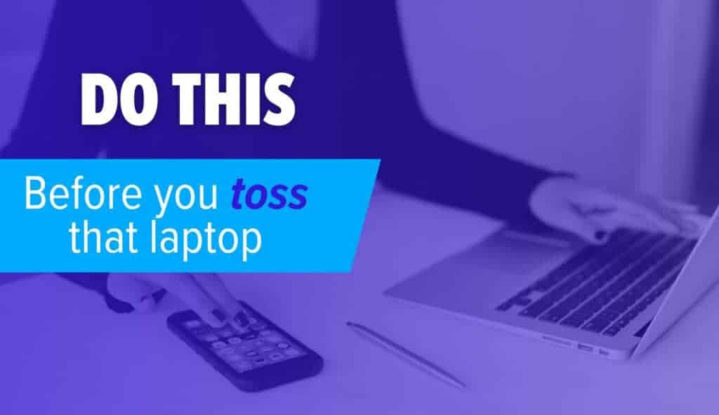Crop woman using smartphone and laptop during work in office. Image text: Do this before you toss that laptop