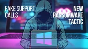 Laptop with Code on Screen in background. Hacker with Laptop in foreground. window logo overlapping laptop cover.