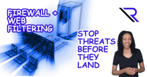 Illustration of a firewall and server blocking network traffic with the text &ldquo;Firewall + Web Filtering&rdquo; and &ldquo;Stop Threats Before They Land,&rdquo; plus a Reintivity &ldquo;R&rdquo; logo and a smiling presenter on the right.