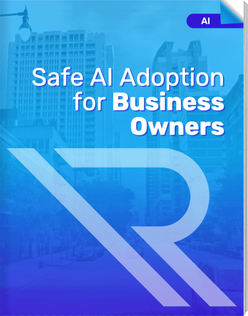 3D flipbook cover titled &ldquo;Safe AI Adoption for Business Owners,&rdquo; featuring a blue gradient city skyline background, a large translucent white Reintivity &ldquo;R&rdquo; logo, and a purple &ldquo;AI&rdquo; label in the top-right corner.