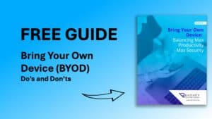 Image text: Free guide by Reintivity. Bring Your Own Device (BYOD) Do&rsquo;s and Don&rsquo;ts. Balancing Max Productivity - Max Security