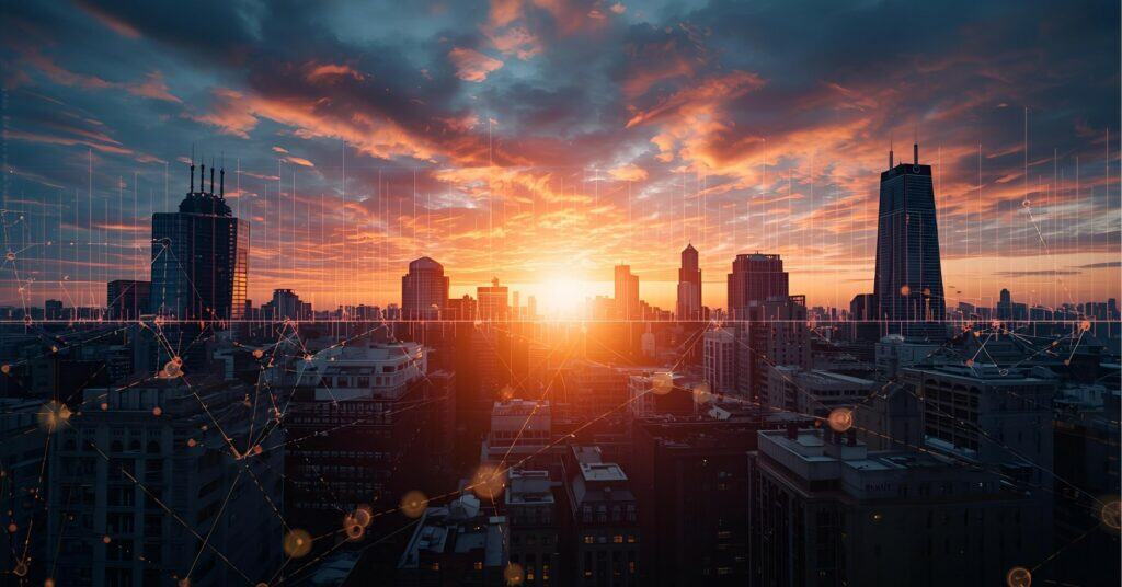 City of Chicago skyline with an overlay of digital grid lines