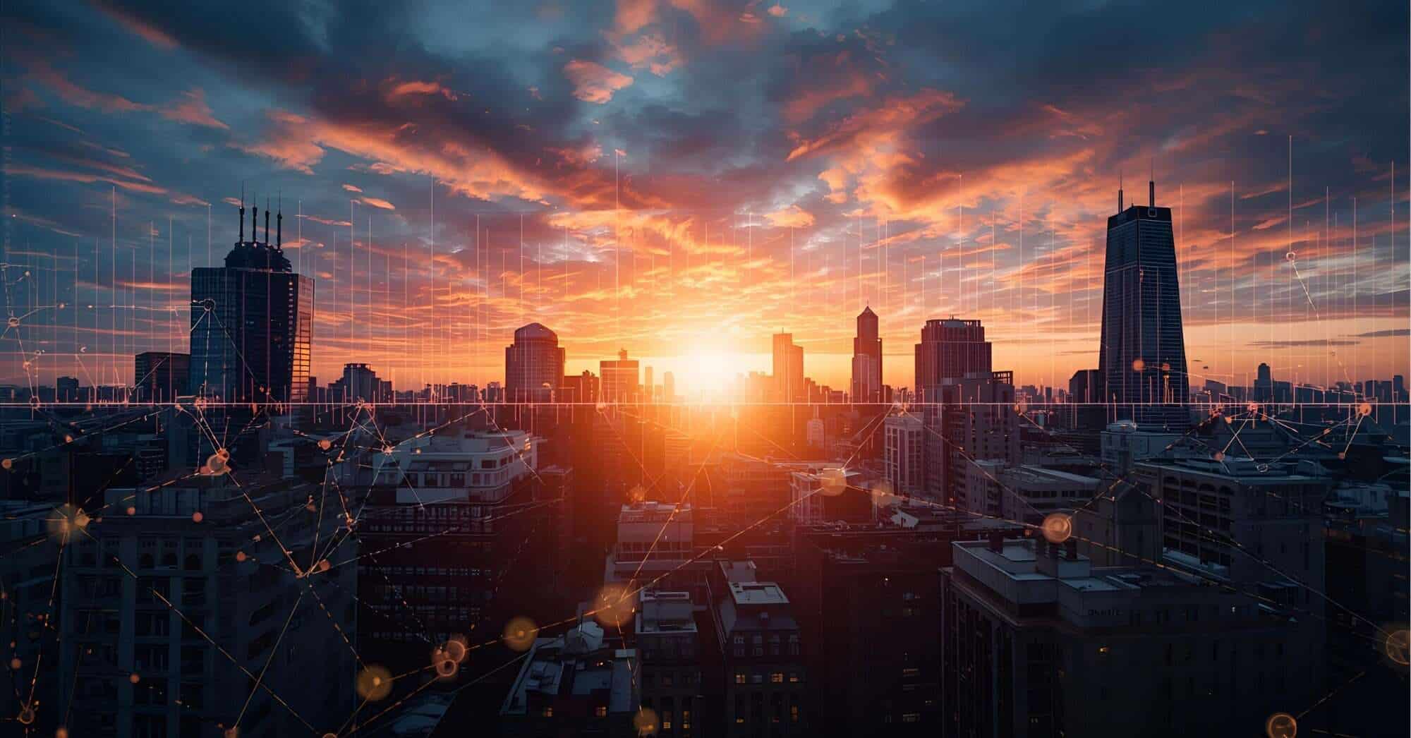 City of Chicago skyline with an overlay of digital grid lines