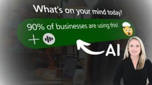 Computer screen with text: What's on your mind today 90 percent of businesses are using this! Woman standing in foreground.