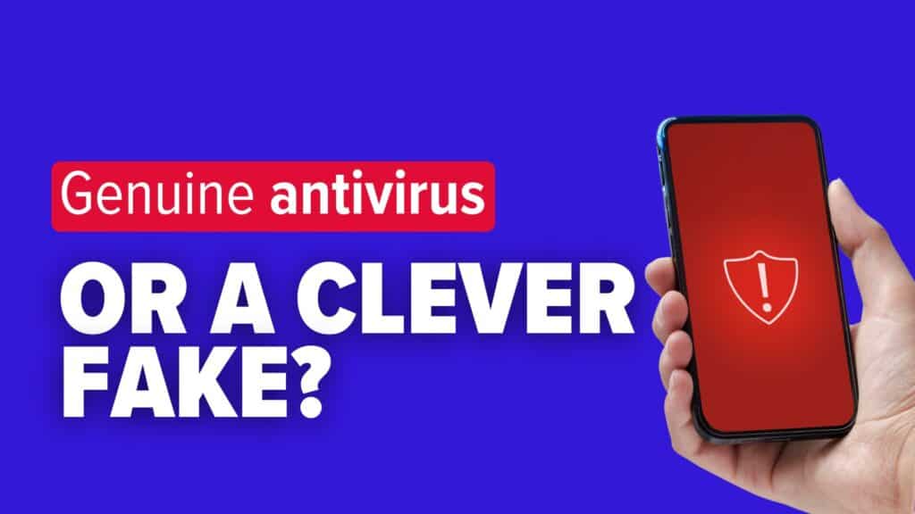 Hand holding smart-phone that is displaying a security warning symbol. Image text: Genuine antivirus&mdash;or a clever fake?