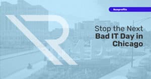 Blue-tinted daytime street scene with the Illinois Medical District &ldquo;IMD&rdquo; sign in the foreground, office buildings in the background, and cars on the road. A large translucent Reintivity "R&rdquo; logo/graphic overlays the image. Text reads &ldquo;Stop the Next Bad IT Day in Chicago,&rdquo; with a purple &ldquo;Nonprofits&rdquo; label in the top right.