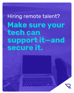 Beach with laptop on blanket laying in the sand. A person's feet/shoes are visible next to the laptop. Image text: Hiring remote. talent Make sure your tech can support it&mdash;and secure it.