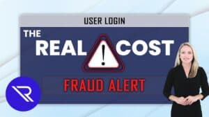 Female spokesperson in foreground. Background Computer Screen text: User Login Fraud Alert. The Real Cost