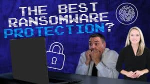Female spokesperson in foreground. Background Computer Screen with text: The Best Ransomeware Protection?