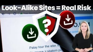 Background displays a Peeling browser reveals phishing threat. Mid-goriund displays a shield with a question mark in the middle, wedged between green and red download buttons. Spokeswoman standing in the foreground. Header text: Look-Alike Sites = Real Risk.