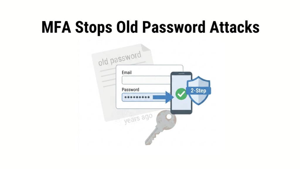 Image with the headline &ldquo;MFA Stops Old Password Attacks.&rdquo; Illustration shows a login form (email and password) leading to a phone approval with a green checkmark and a &ldquo;2-Step&rdquo; shield badge. A faded note labeled &ldquo;old password&rdquo; and a key icon suggest outdated credentials being blocked by multi-factor authentication.