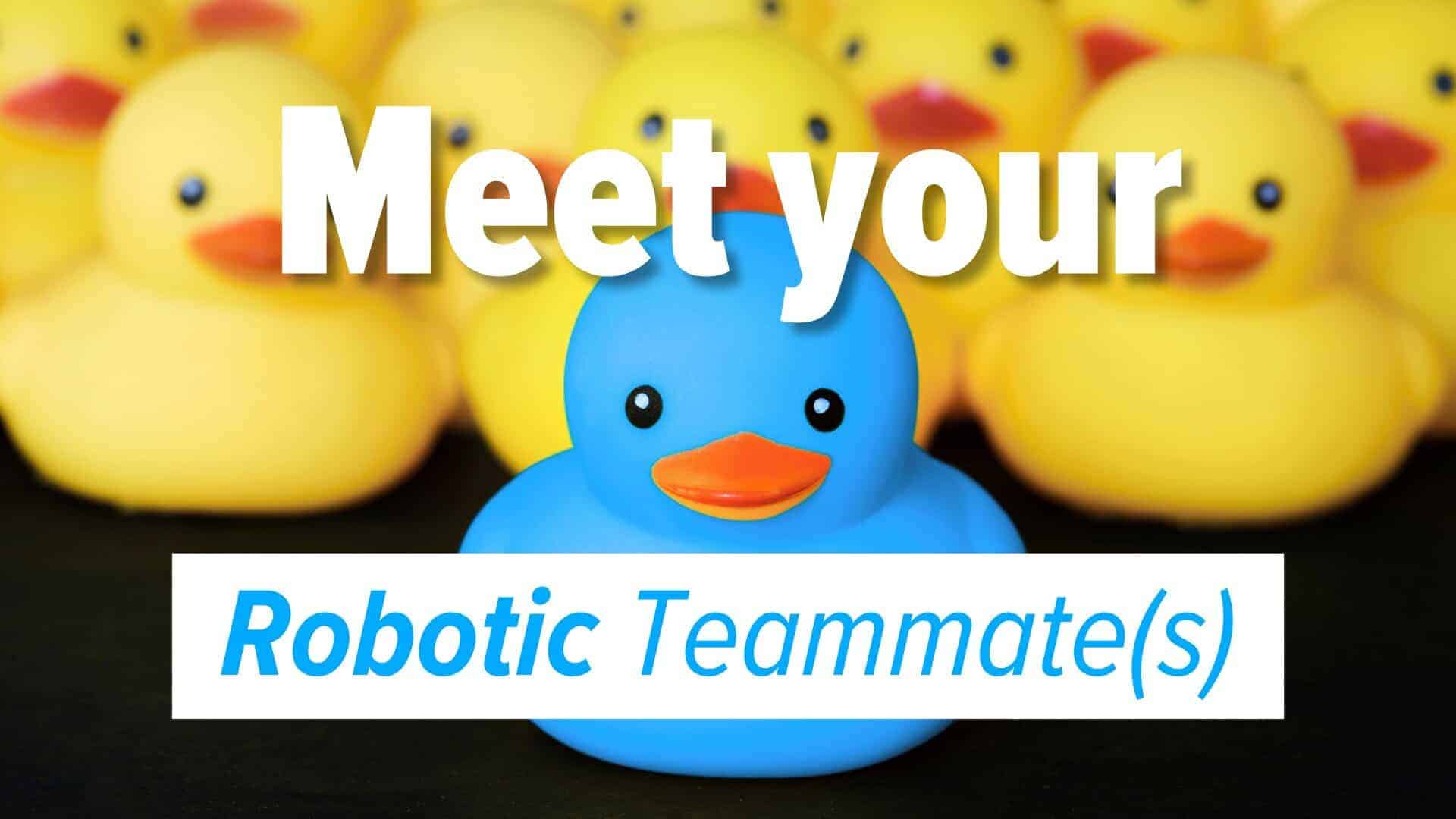 one blue duck in front of several yellow ducks. Image text: Meet your Robotic Teammate(s)