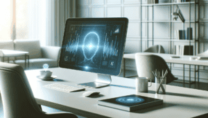 Modern minimalistic office with a single prominent AI-enabled device