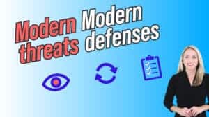 Graphic with a blue gradient background and angled headline text reading &ldquo;Modern threats&rdquo; and &ldquo;Modern defenses.&rdquo; Three icons appear below (an eye, a circular refresh arrow, and a clipboard checklist). A smiling woman presenter stands on the right.