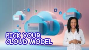 Cloud Computing Technology Illustration in the background. Female spokesperson in foreground. Image text: Pick your Cloud Model.