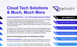 Promotional flyer for Reintivity titled &ldquo;Cloud Tech Solutions & Much, Much More.&rdquo; Large headline and Reintivity logo appear at top. Text describes the company as a Midwest cloud technology solutions provider and technology success partner serving clients since 2013. A right-hand &ldquo;Why Reintivity?&rdquo; column highlights: Powered by Best Practice, All Cloud IT in One Place, Product Strategy Support, Advisory and Guidance, and Serving Clients Since 2013.