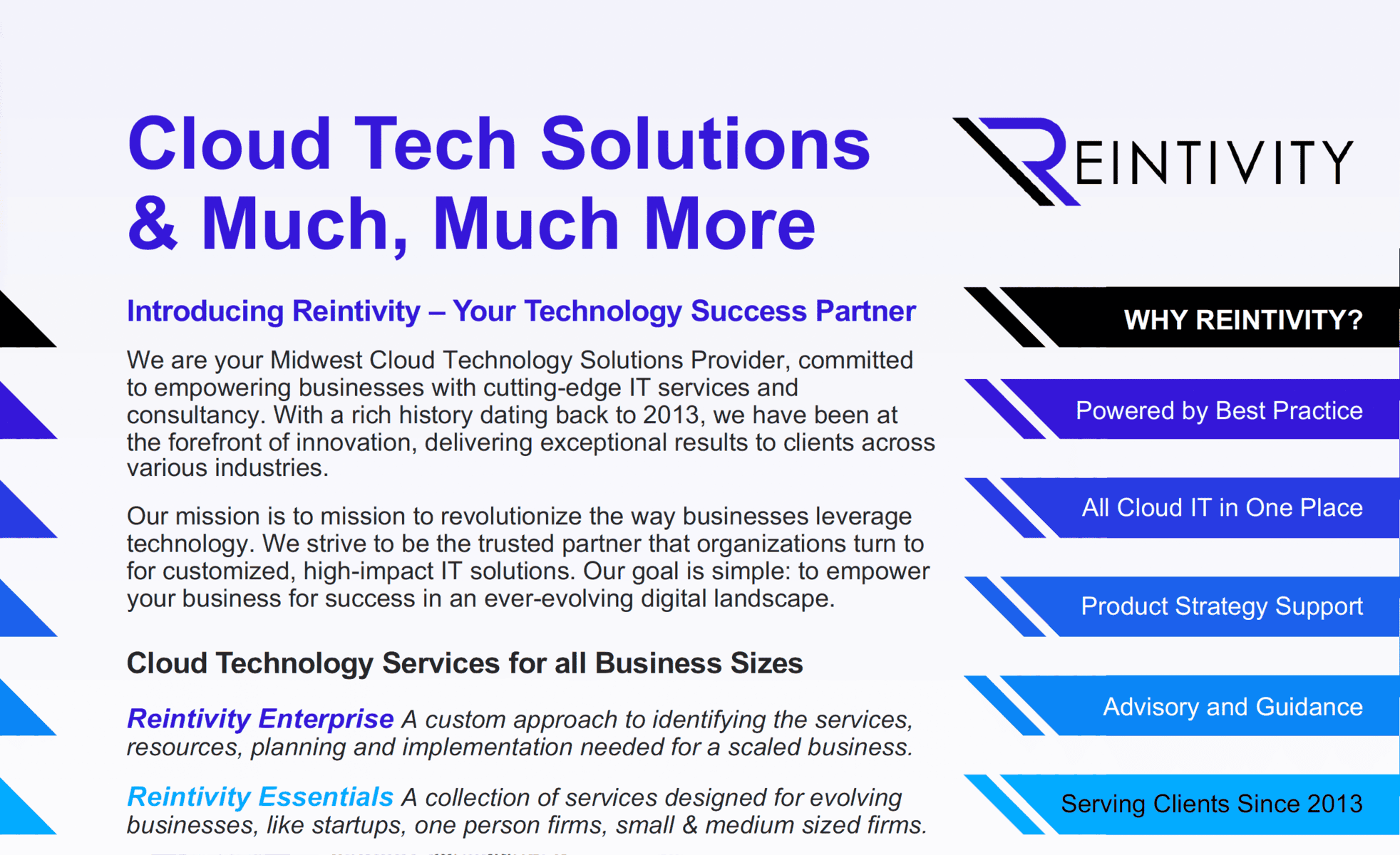 Promotional flyer for Reintivity titled “Cloud Tech Solutions & Much, Much More.” Large headline and Reintivity logo appear at top. Text describes the company as a Midwest cloud technology solutions provider and technology success partner serving clients since 2013. A right-hand “Why Reintivity?” column highlights: Powered by Best Practice, All Cloud IT in One Place, Product Strategy Support, Advisory and Guidance, and Serving Clients Since 2013.