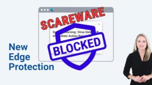 Graphic thumbnail showing a browser window with a fake virus warning pop-up, the word &ldquo;SCAREWARE&rdquo; across the top, and a purple shield stamp labeled &ldquo;BLOCKED&rdquo;. Text reads &ldquo;New Edge Protection&rdquo; at left. Reintivity logo and a smiling woman presenter on the right.
