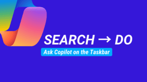 Purple featured graphic with a Microsoft Copilot icon at left, bold text &ldquo;SEARCH &rarr; DO,&rdquo; and a blue label reading &ldquo;Ask Copilot on the Taskbar,&rdquo; plus a Reintivity &ldquo;R&rdquo; logo in the bottom-right corner.