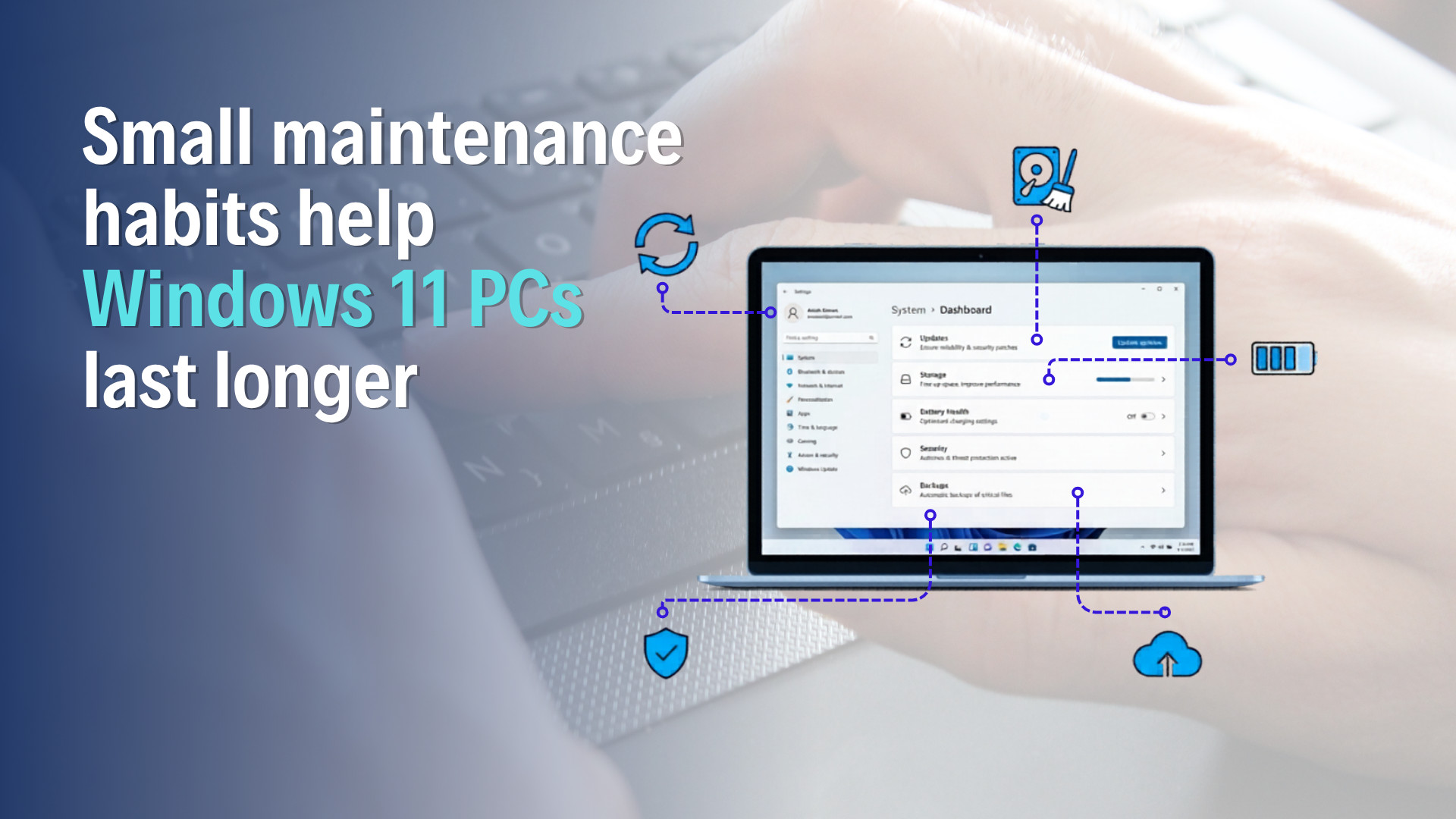Graphic reading &ldquo;Small maintenance habits help Windows 11 PCs last longer,&rdquo; with a laptop showing a Windows 11 maintenance dashboard and icons for updates, storage, battery health, security, and cloud backup.
