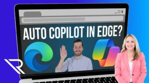Background: Laptop displaying a man waving with Edge Browser icon and Microsoft Copilot icon next to him. Foreground: Woman standing. Image text: Copilot May Soon Launch Automatically in Microsoft Edge